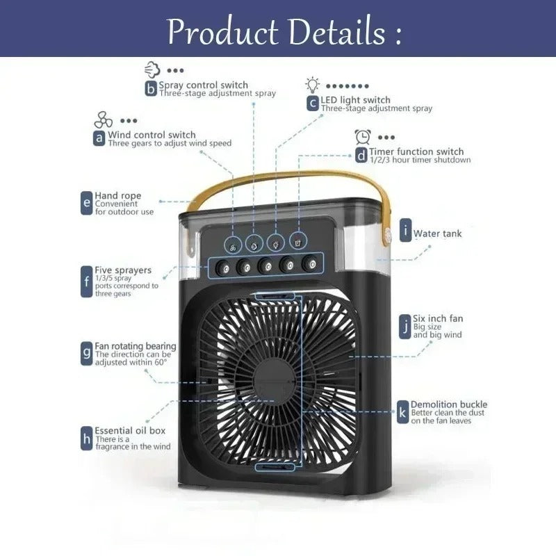 3-in-1 Ventilator + Kleinluftkühler + Luftbefeuchter mit LED